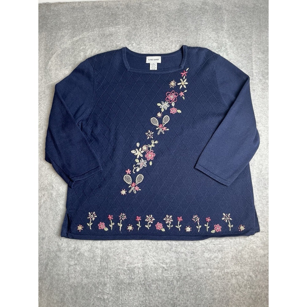 Alfred Dunner Vtg Embroidered Floral Tennis Sweater Navy Women's 3/4 Sleeve XL